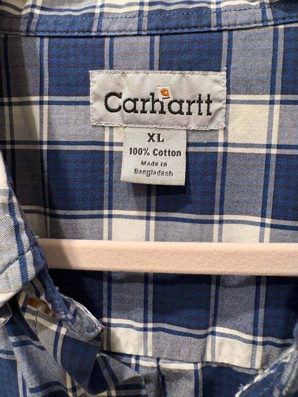 Vintage Carhartt Men's Blue and White Plaid Long Sleeve Button-Down Shirt